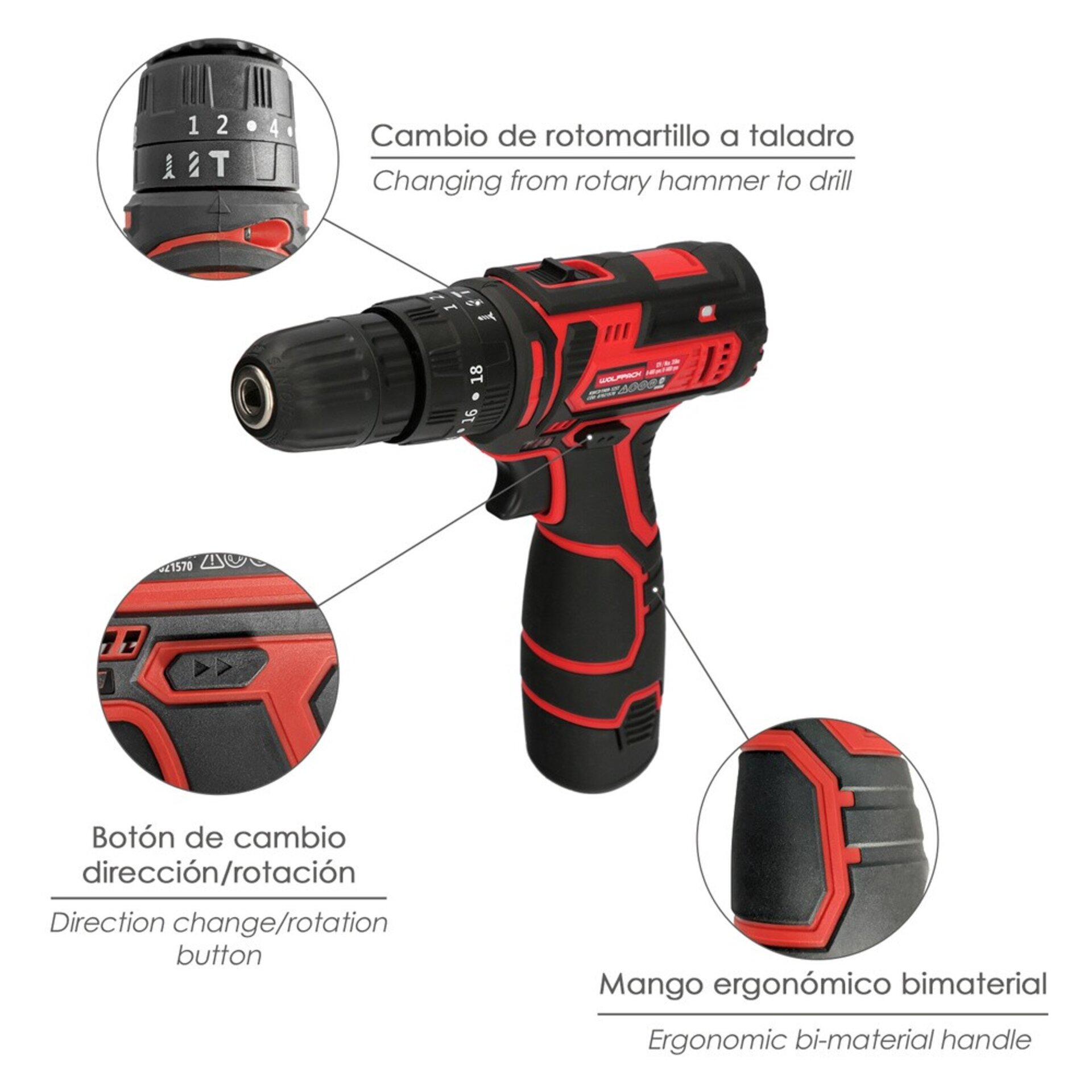 Taladro Atornillador 12 V. Con 2 Velocidades y Percutor - 3