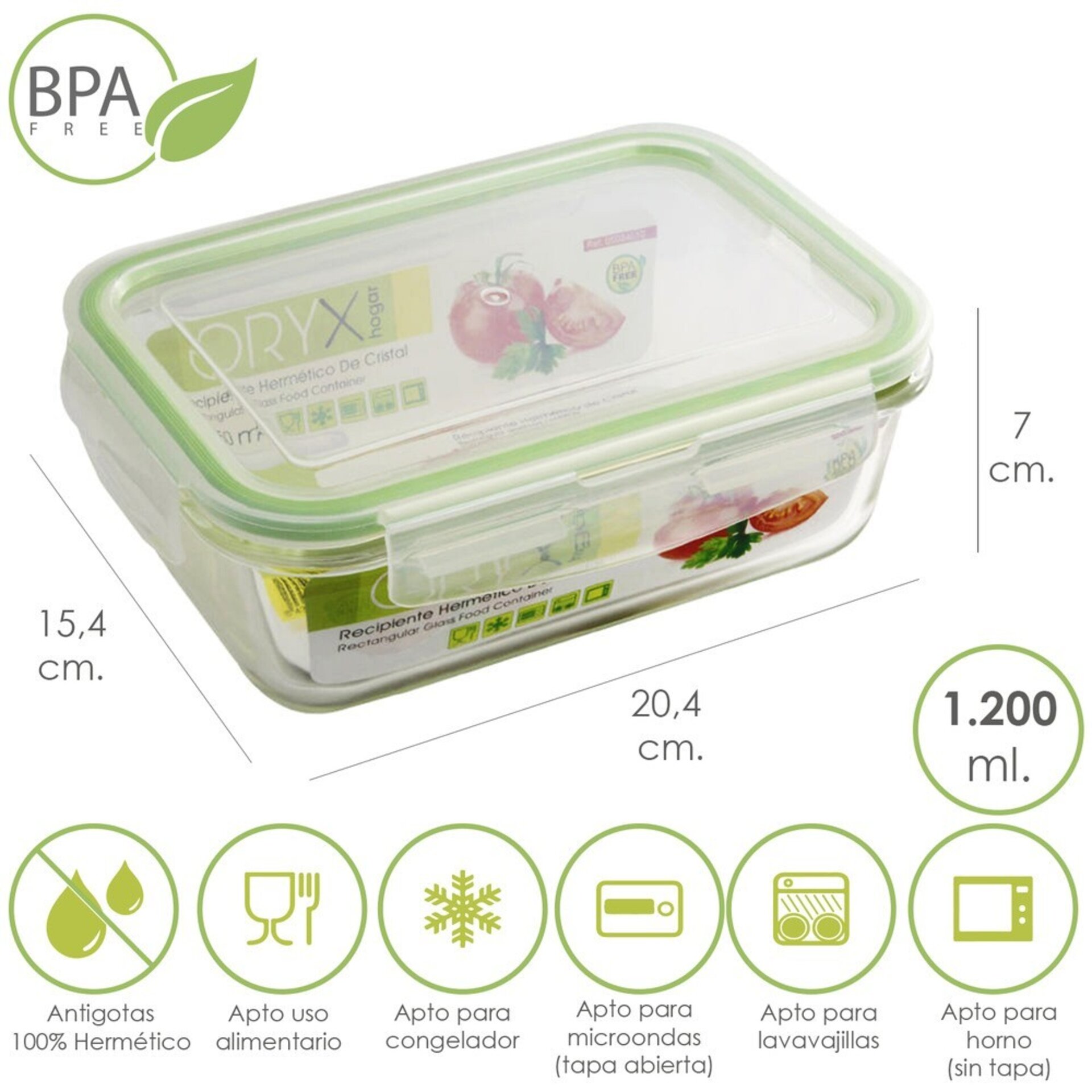 Táper hermético rectangular de cristal 1200ml - 2